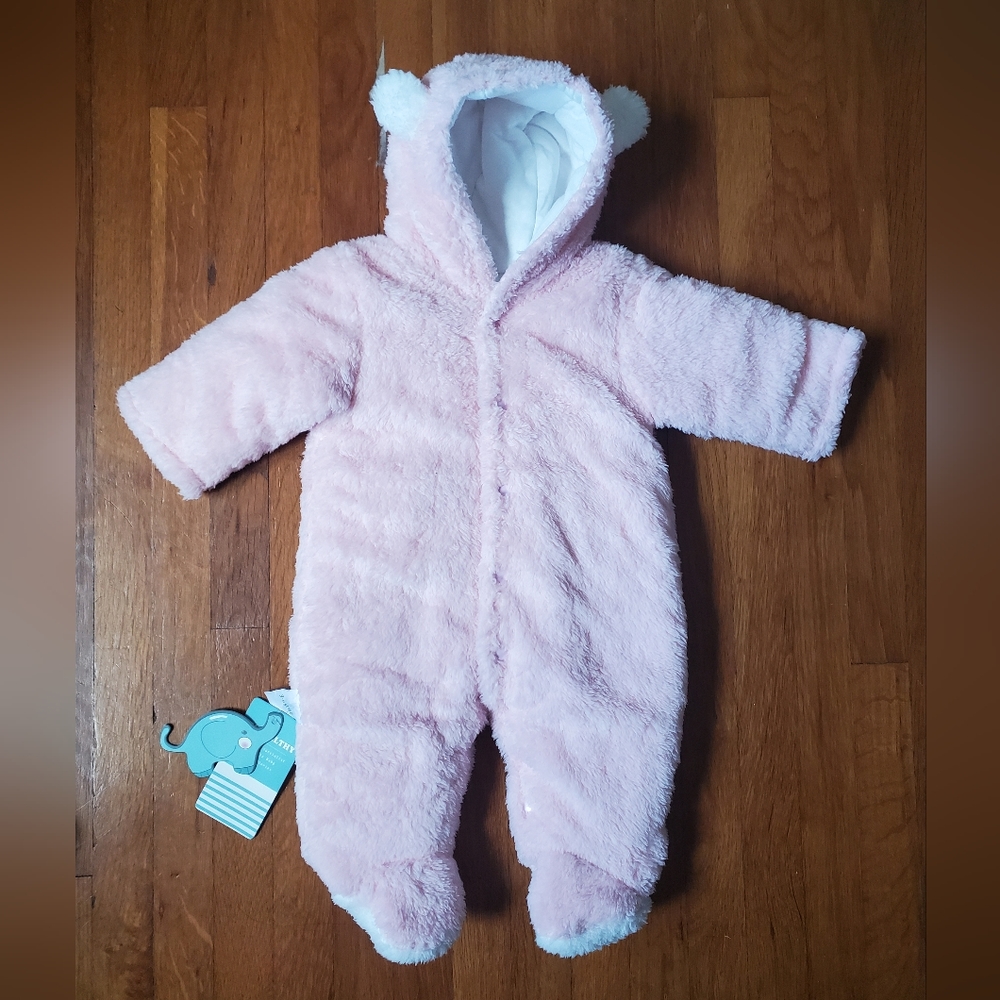 baby girl cute warm soft pastel pink sherpa plush hooded bear jumsuit footie